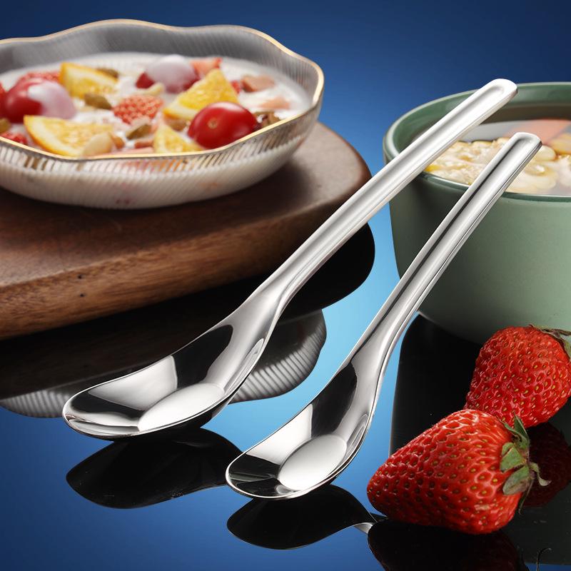 Stainless Steel Baby Feeding Spoon, Long Handle, Flat Bottom, Deepened Design, Bright Silver Finish.