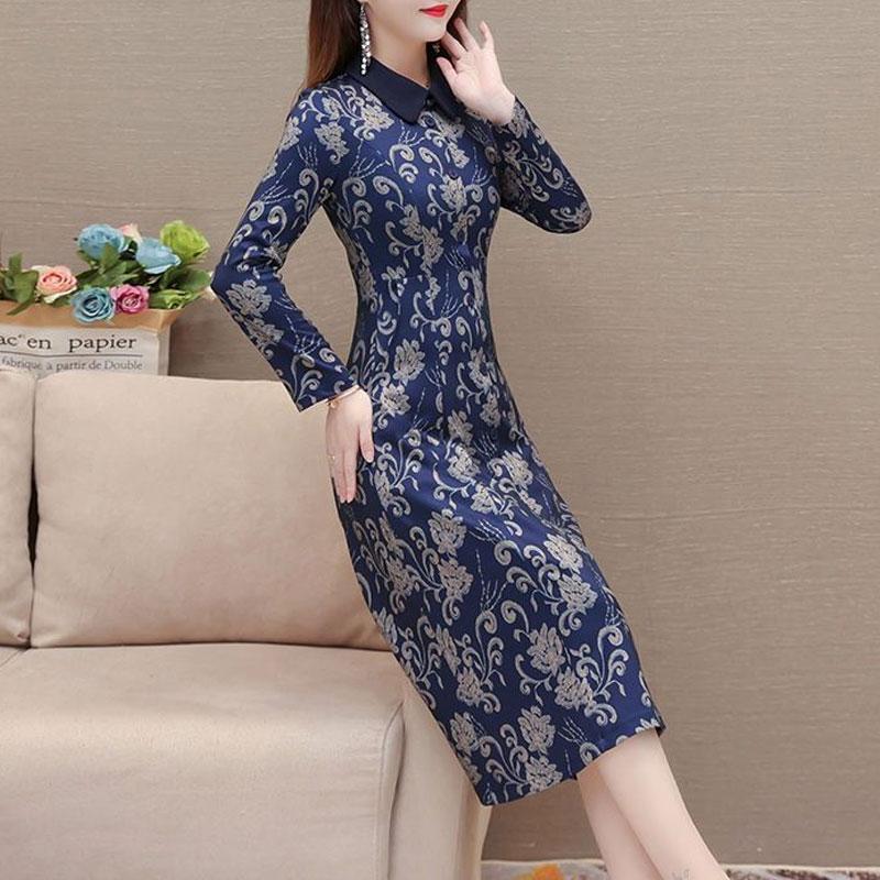 Vintage Floral Printed Midi Dress Women's Casual Lapel Spliced Spring Autumn Long Sleeve Elegant A-Line Waist