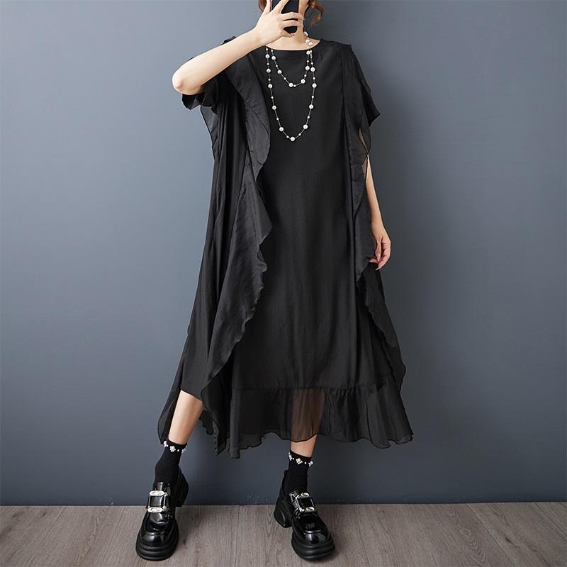 Rochie neagră vintage cu mânecă scurtă, mărimi mari, nouă, pentru femei, casual, largă, lungă, de vară