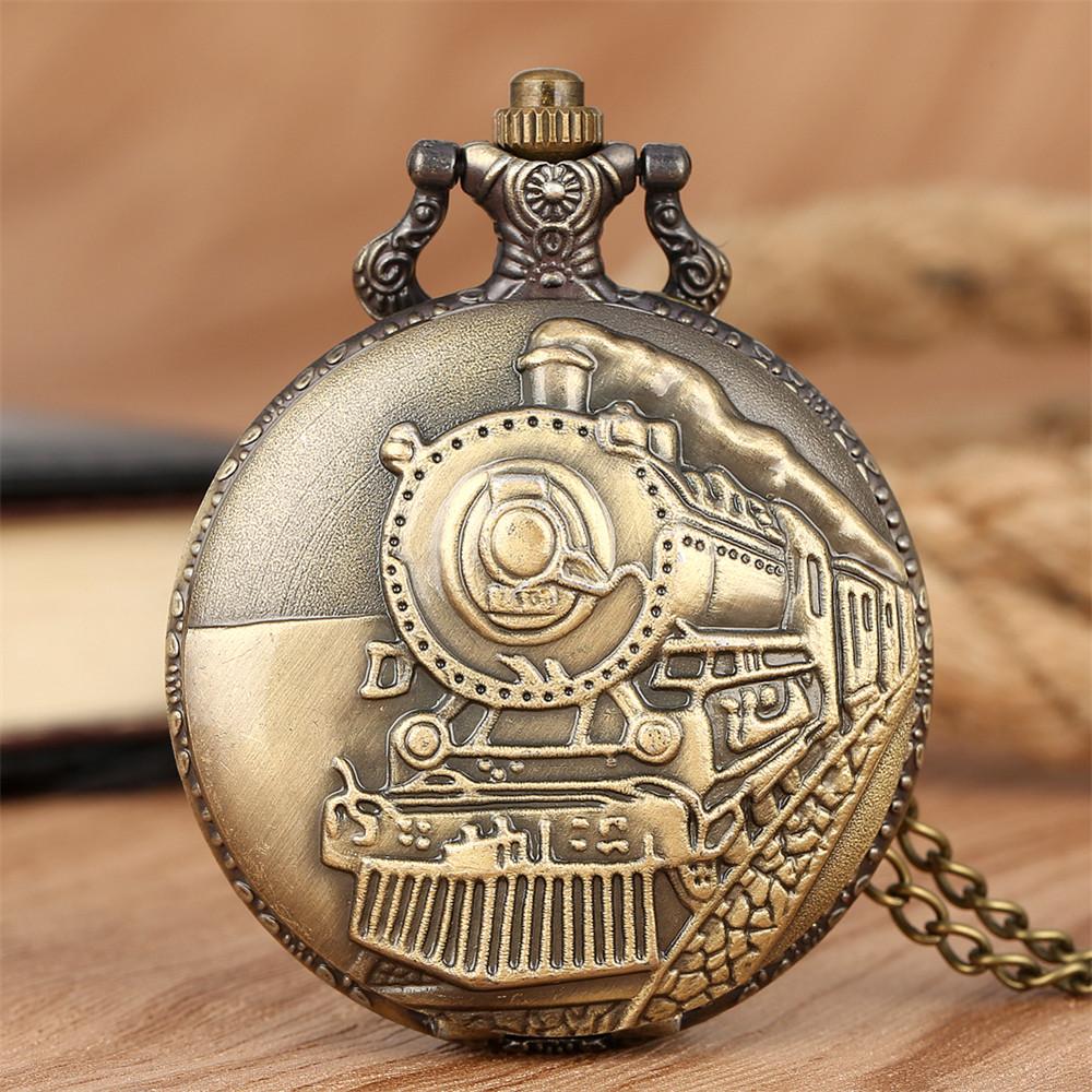 Vintage Classic Bronze Steam Train Design Pocket Watch with Chain Necklace Quartz Pocket Watch Gift Clock Chain for Men Kids