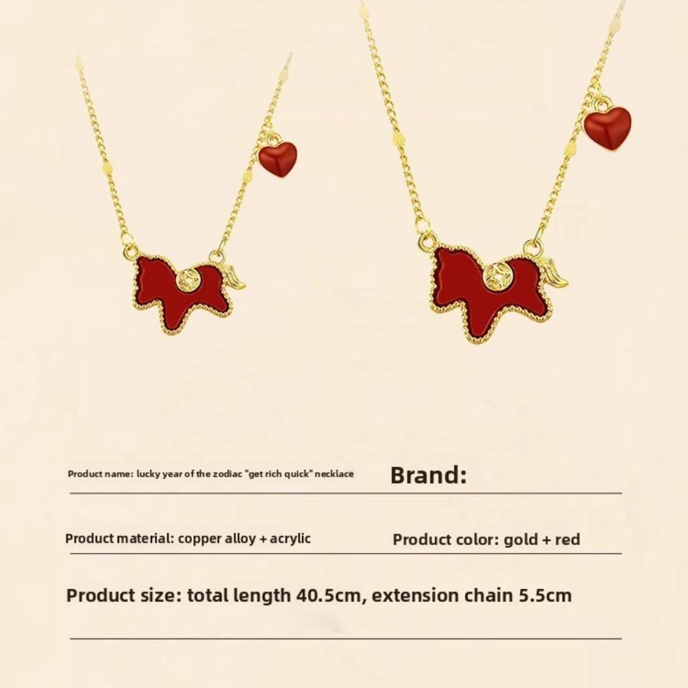 

Chinese Zodiac Necklace Red Heart Shell Pendant Luxury Gold Horse Charm Flower Collarbone Chain for Women
