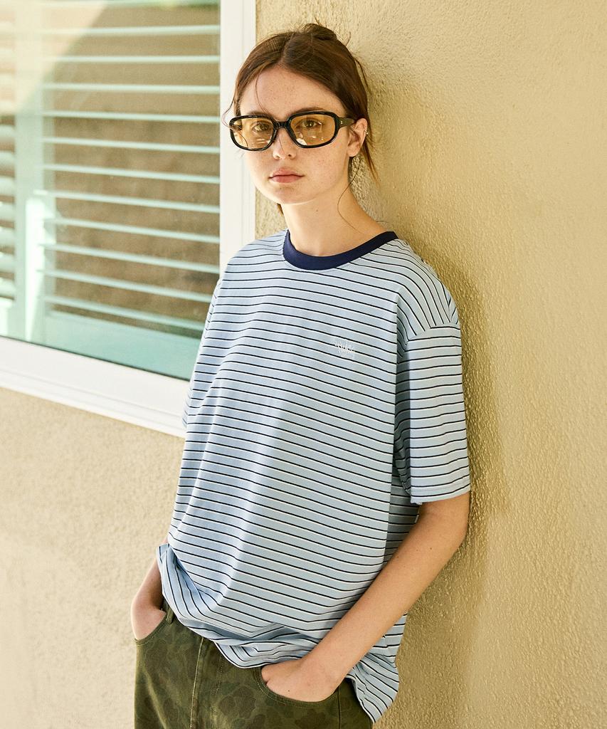 Peullukeu Casual Striped Short Sleeve T-Shirt Sky Fst344