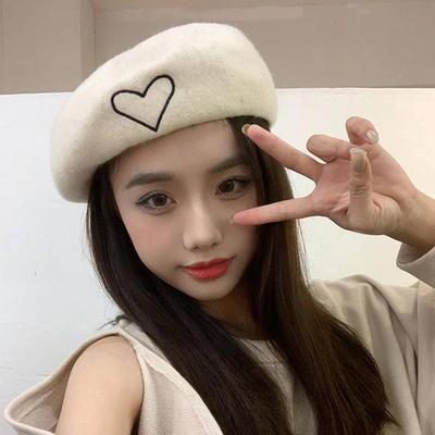 Wool Beret Children Big Head Circumference Autumn and Winter Korean Pumpkin Hat Love Embroidery Retro Face Small Painter Hat
