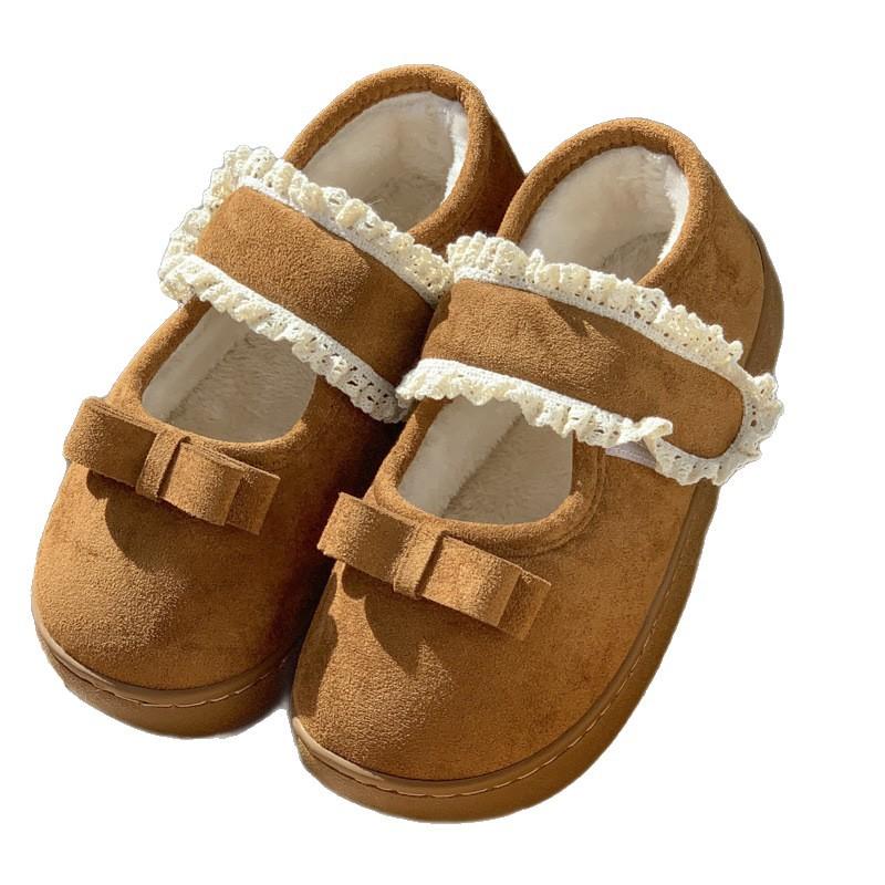 New retro Mary Jane Velcro all-inclusive heel cotton shoes autumn and winter home velvet warm non-slip cotton slippers