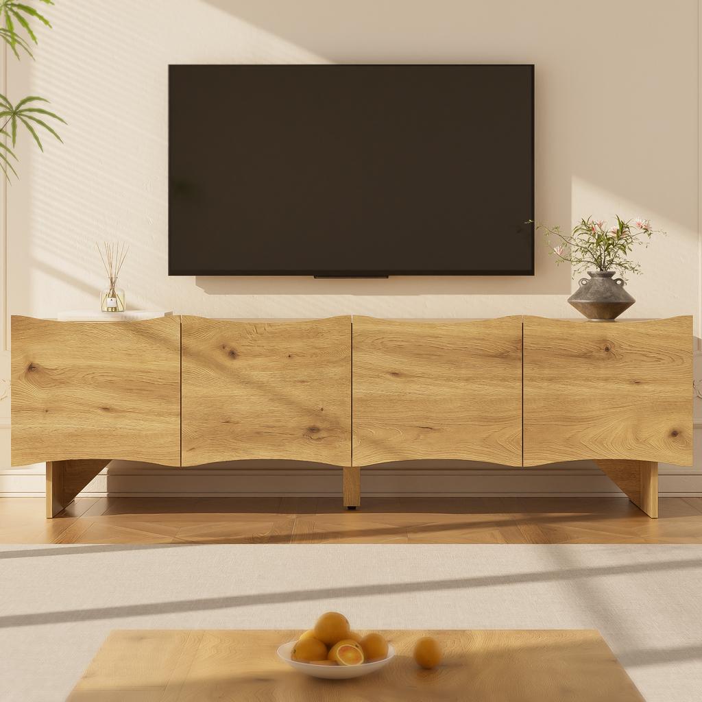 Modern TV cabinet with wave pattern – 155 cm media console with storage space, four doors and cable grommets in wood look, for the living room