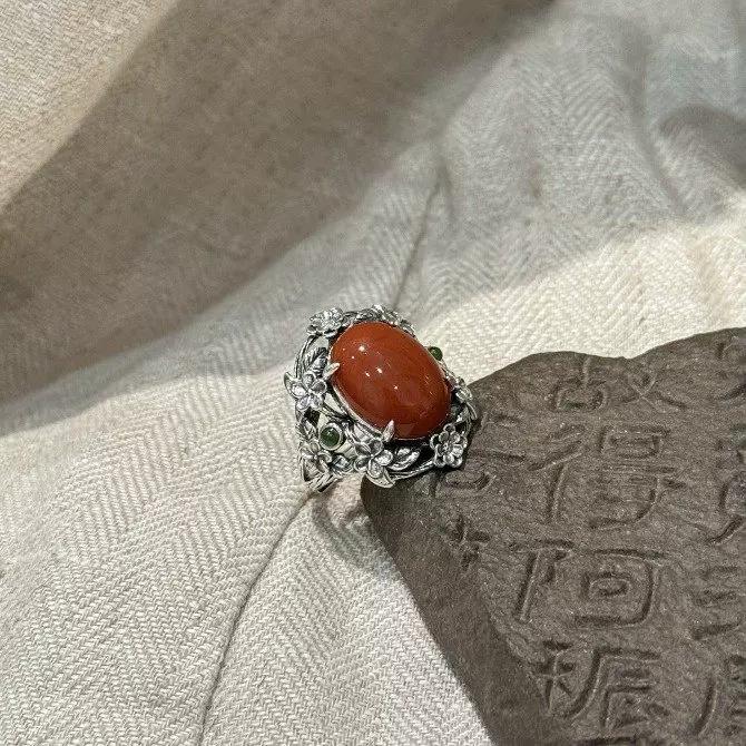 925 Silver Retro Ethnic Style Hollow Flower Hetian Nan Red Egg Surface Ring Female New Chinese Niche Opening Adjustment