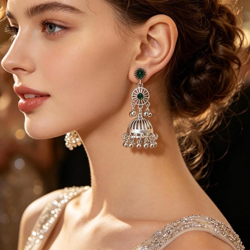 European-Indian Style Antique Silver Hollow Bell Tassel Dangle Earrings
