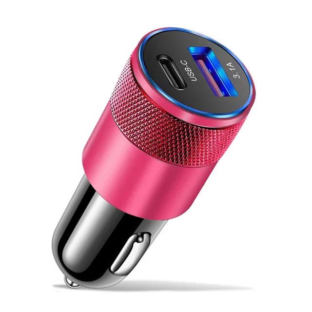 New One To Two Cigarette Lighter Multi Functional Mobile Car Charger 3.1A USB+PD Metal Car Charger Available in Four Colors