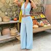 European and American Lazy Vacation Style Set: Light Blue Halter Tie Crop Top Paired with High-waisted Wide-leg Pants Two-piece Set