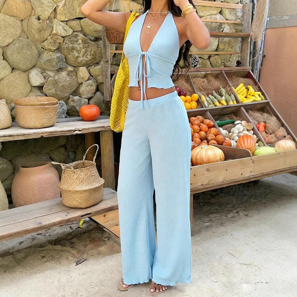 European and American Lazy Vacation Style Set: Light Blue Halter Tie Crop Top Paired with High-waisted Wide-leg Pants Two-piece Set