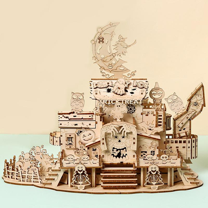 3D Halloween Haunted House Wooden Puzzle Ghost Tree with Light DIY Model Craft Kits Desk Decoration Toys Gift for Kids Adult