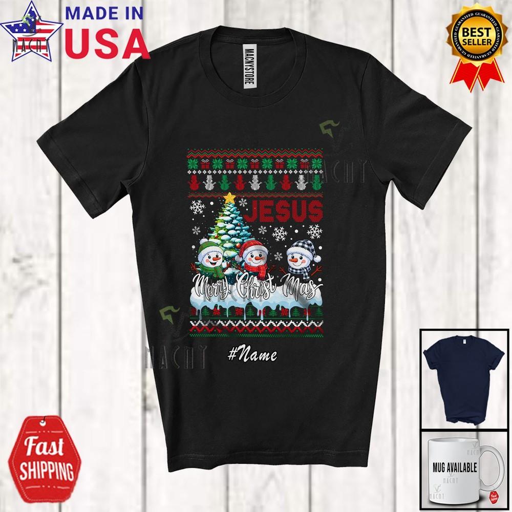 

Custom Name Jesus Merry Christmas X-mas Sweater Three Snowman Family Shirt L