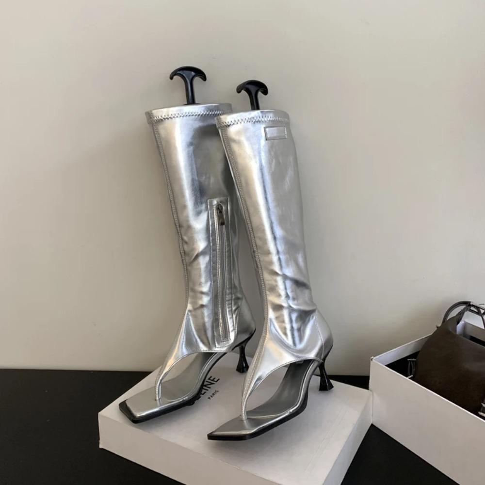Eilyken Spring Square Clip Toe Knee High Boots Women Thin Low Heels Side Zipper Booties Sandals Shoes Zapatos De Mujer