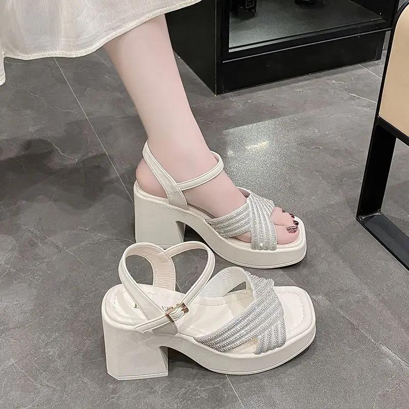 Fashion Rhinestones Square Heels Sandals for Women Summer Sales 2025 Offers New Breathable Fashion Offer Woman Shoes On Sale Wholesale