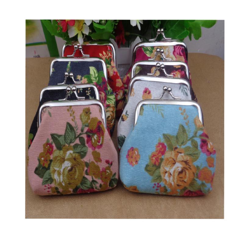 Vintage Floral Canvas Coin Purse Kiss Lock Closure Colorful Flower Print For Daily Use Carry Coins Lipsticks Small Items