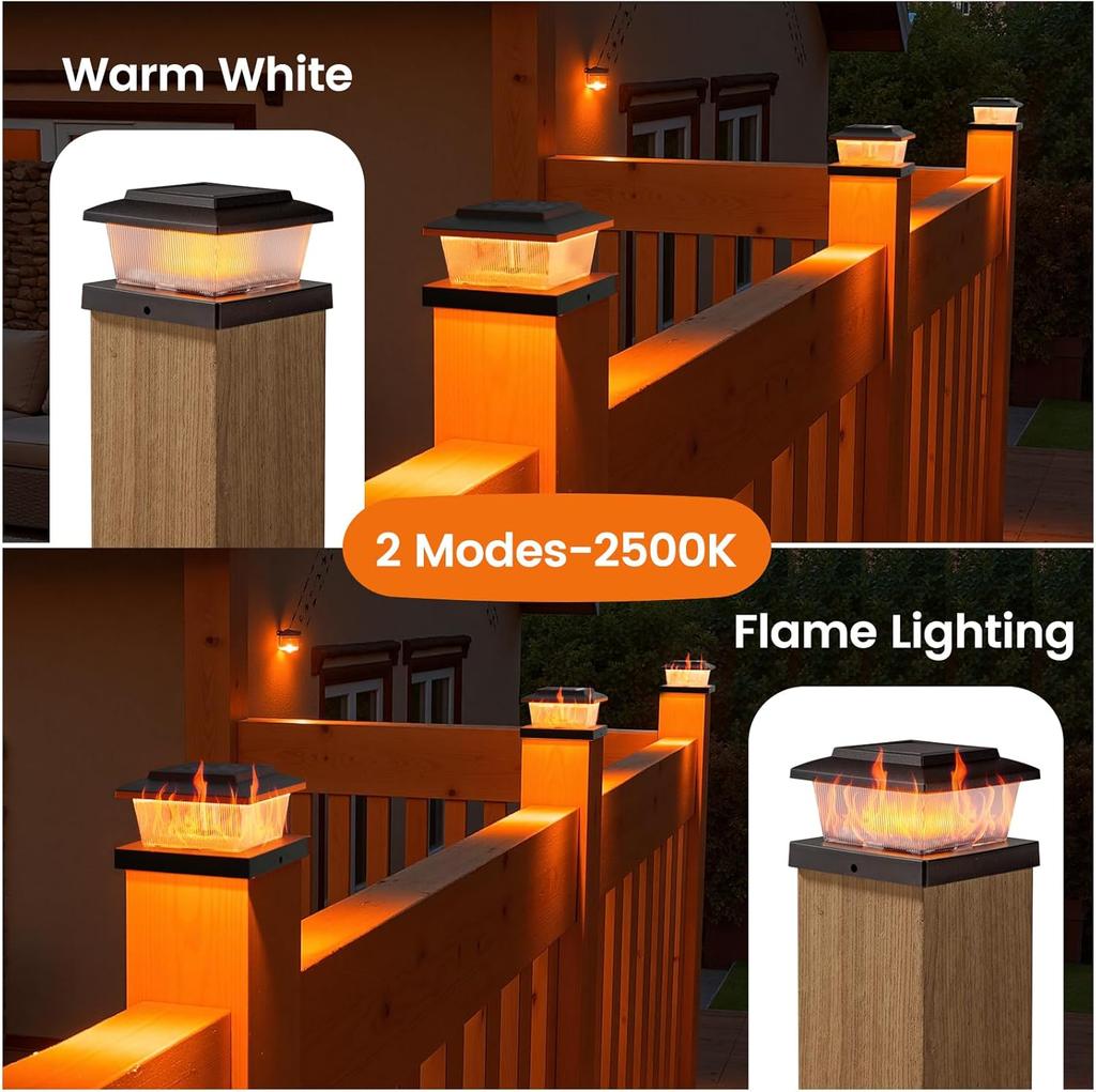 6 Pack Solar Post Cap Lights Flame Effect for 4x4 Wood/Vinyl Posts Waterproof Auto On/Off Outdoor Solar Landscape Garden Lamp