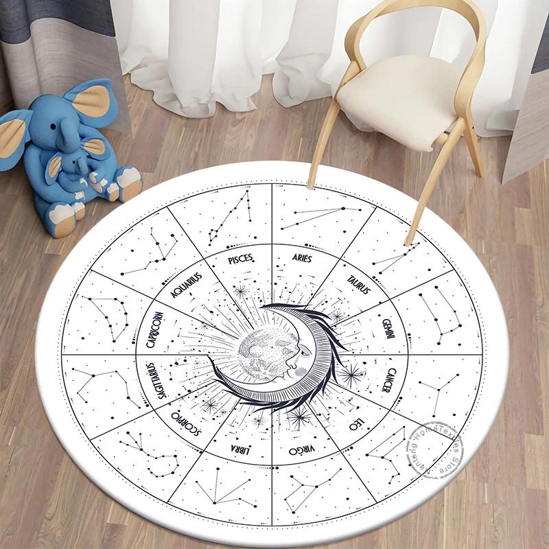 Mystery Constellation Printed Round Carpet Sun and Moon Living Room Rugs Camping Picnic Mats Anti-Slip Yoga Mat for Living Room