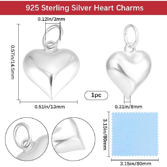 Beebeecraft 1 Box 925 Sterling Silver Charms Puffed Heart Charms 3D Love Dangle Pendants with Jump Rings for Jewellery Making Necklaces Bracelets DIY