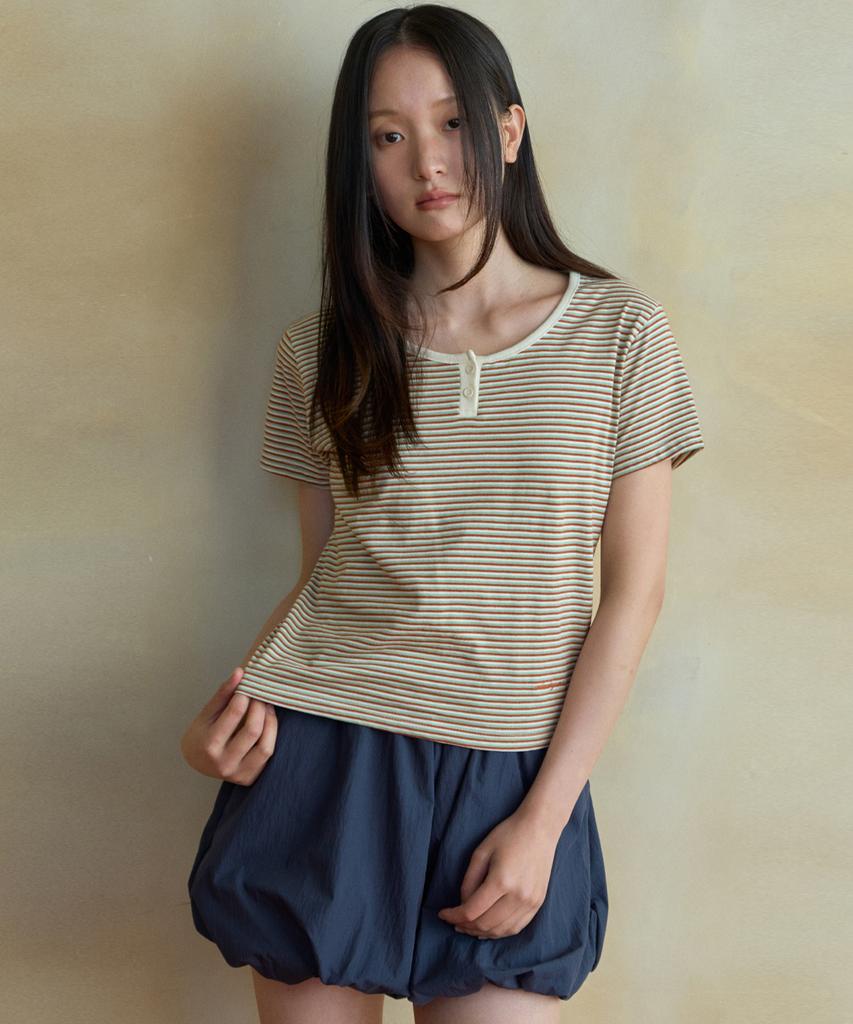 Wednesday Oasis For Woman Allo Stripe Henley Neck Short Sleeve T-Shirt_Orange(Wb6Tp29)