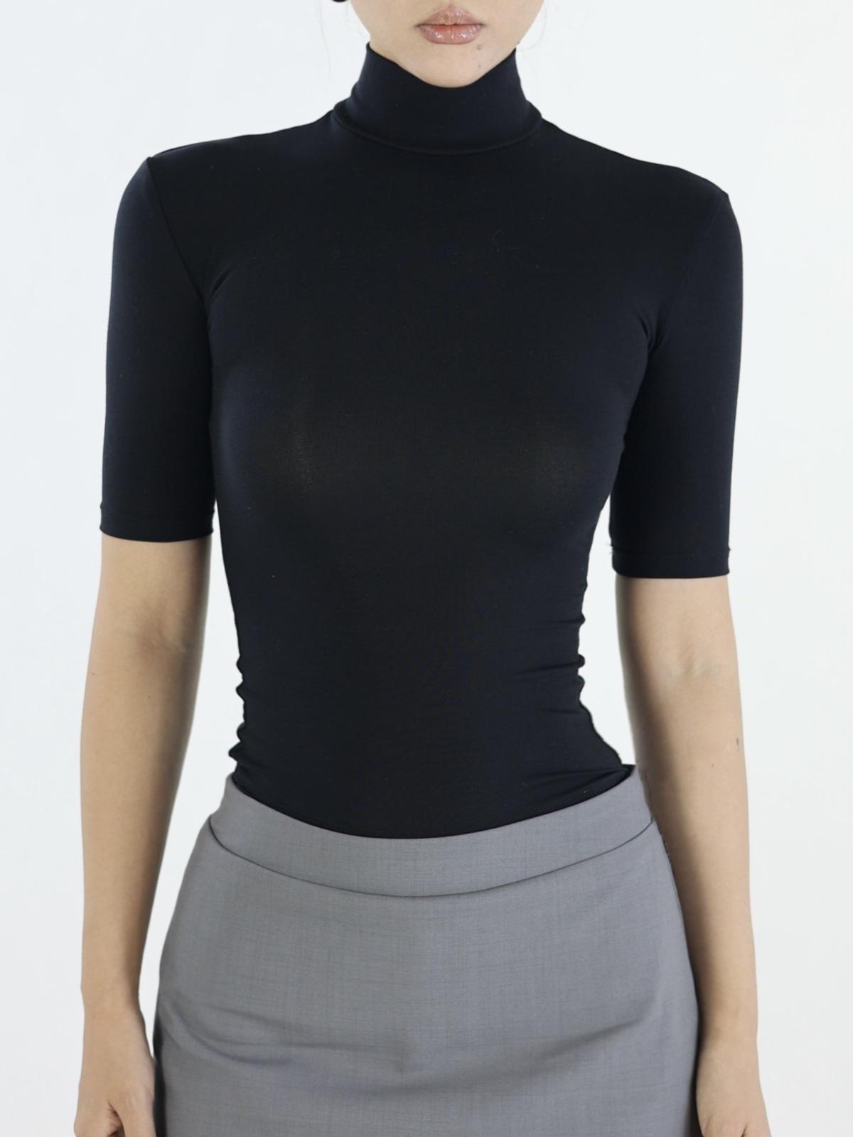 

Retro Tencel Lycra High Neck, Straight Shoulder, Five-Sleeve Slim Fit Summer T-Shirt Large