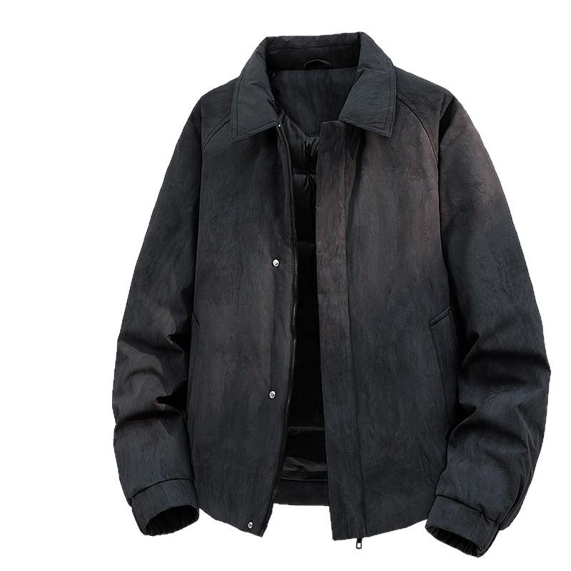 Men's Retro Leather Down Jacket with Lapel - Loose Fit, Solid Color, Plus Size, Trendy Style