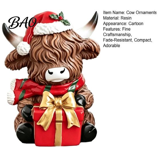 Christmas Tree Hanging Decorations Highland Cow Figurine, Resin Holiday Statue with Santa Hat & Decorative Sitting Figures Gift Box, Cute Calf Desktop