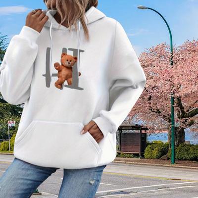Sudadera con capucha holgada con estampado de osito bonito para mujer, blusa, sudadera informal de manga larga