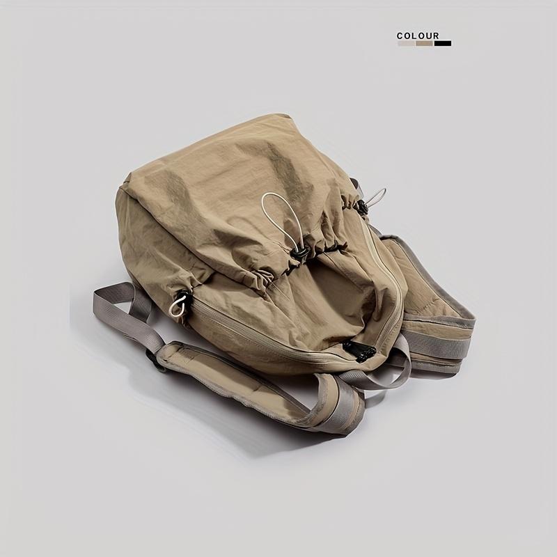 Lightweight Nylon Backpack for Women - Adjustable Straps, Multiple Compartments, Drawstring Closure, Khaki/White/Black, Casual Style