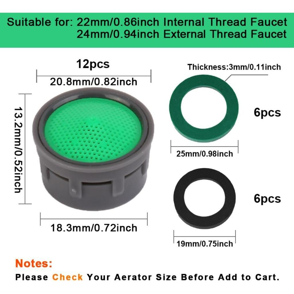 Sink Aerator Replacement Parts for Bathroom or Kitchen Sink Faucet Filter, Fit for Internal and External Thread Faucet Aerators, with Washer (12pcs)
