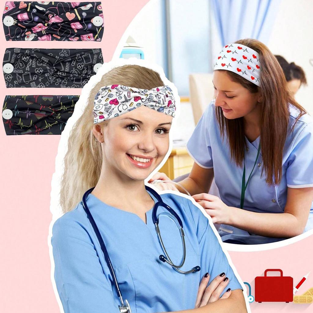 Women Nurse Headbands with Button Wide Headbands for Mask Non Slip Elastic Ear Protection Gift for Doctors Sweatband Hairband