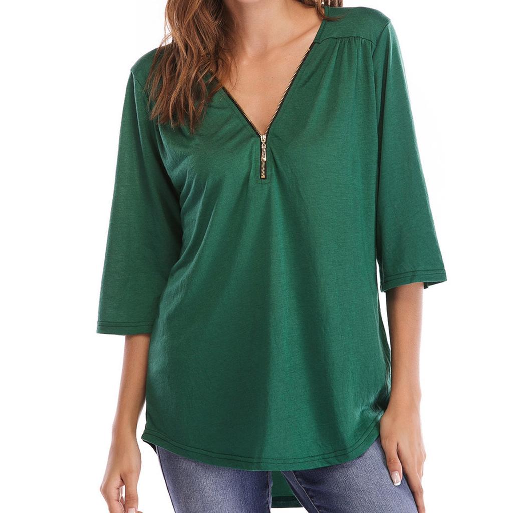 Ladies' Loose Comfortable Casual And Fashionable Pleated Zipper Loose Half Sleeved T-shirt Top