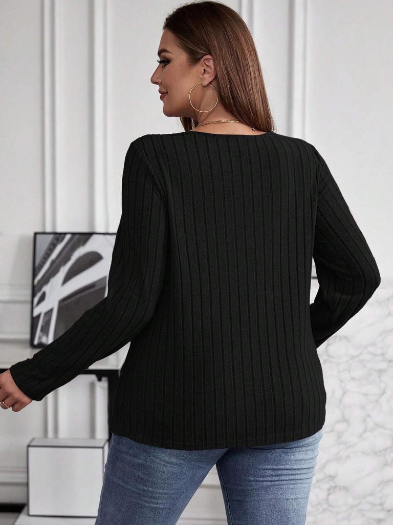 2025 Autumn/Winter Plus Size Solid Color V-Neck Long Sleeve Ribbed Pullover T-shirt