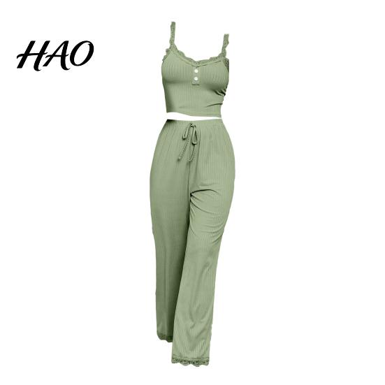 Women Pajamas 2 Pcs/Set Pants Top Suit Low-cut V Neck Sleeveless Solid Color Shirring Drawstring High Sleepwear Set Elastic Waist Lace Summer Homewear