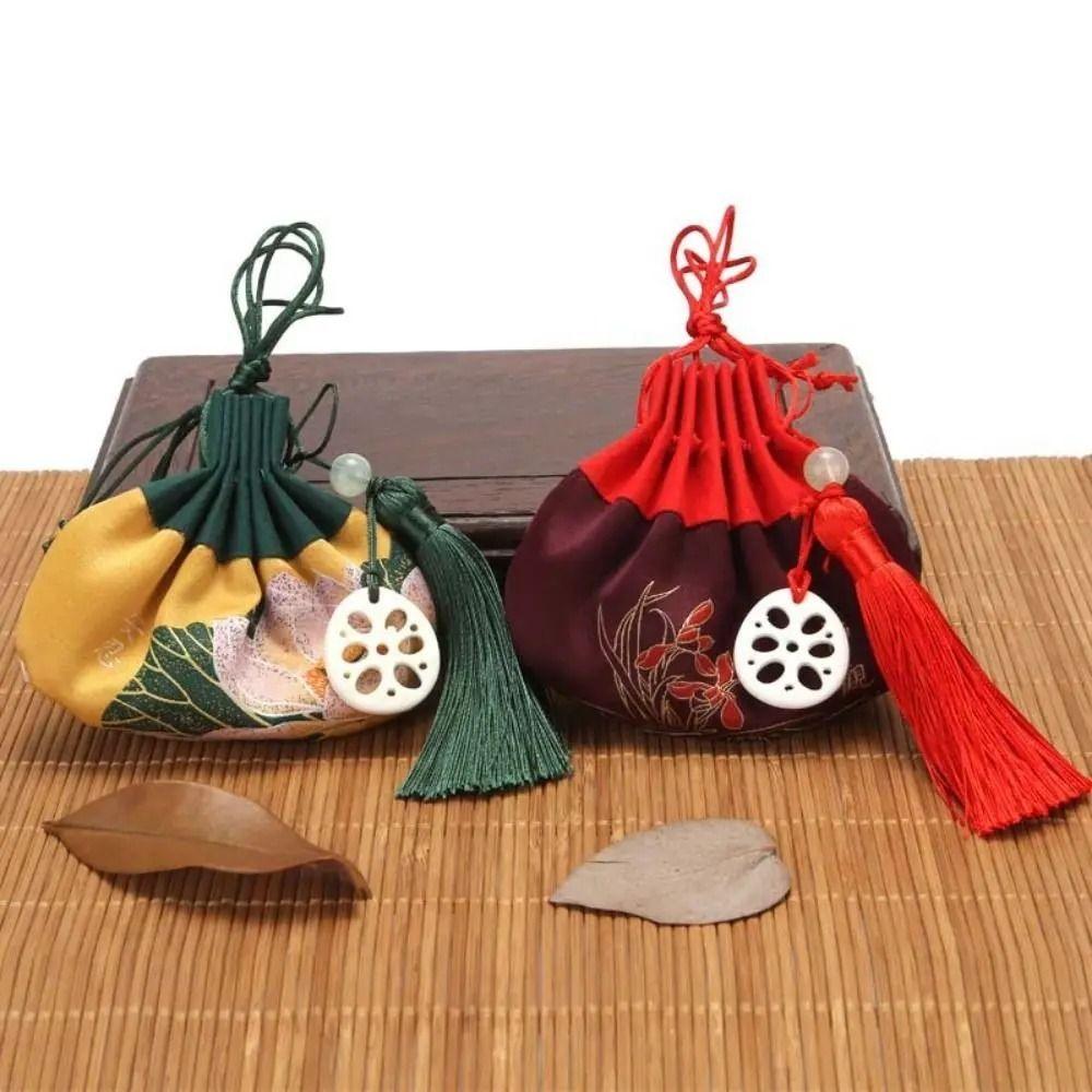 

Ретро-мешок на шнурке в этническом стиле Благословенная сумка с кусочками корня лотоса Подвеска-саше для детей зелёный