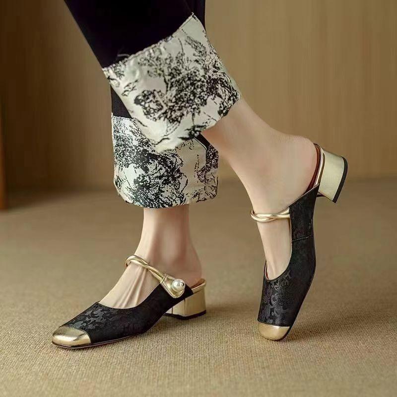 Fashion Women's Square Toe Comfort Heels Pearl Strap Mules Women Low Heels Dress Shoes Cover Toe Ankle Strap Sandals