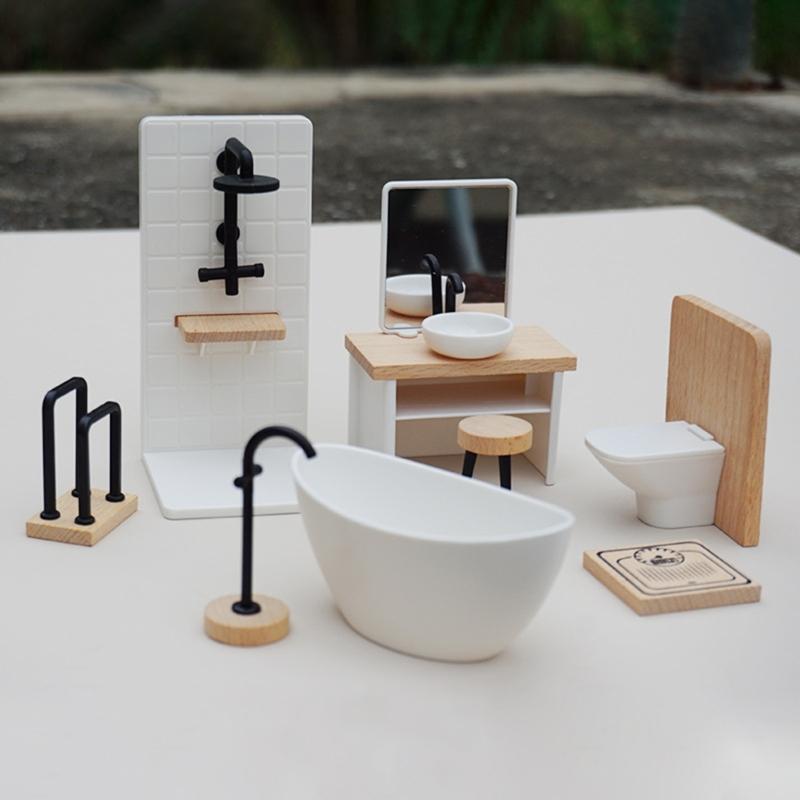 Realistic Bathroom Set Includes Sink Toilet Bathtub And Faucet Figure For 1:12 Doll House Decoration Kids Pretend Play