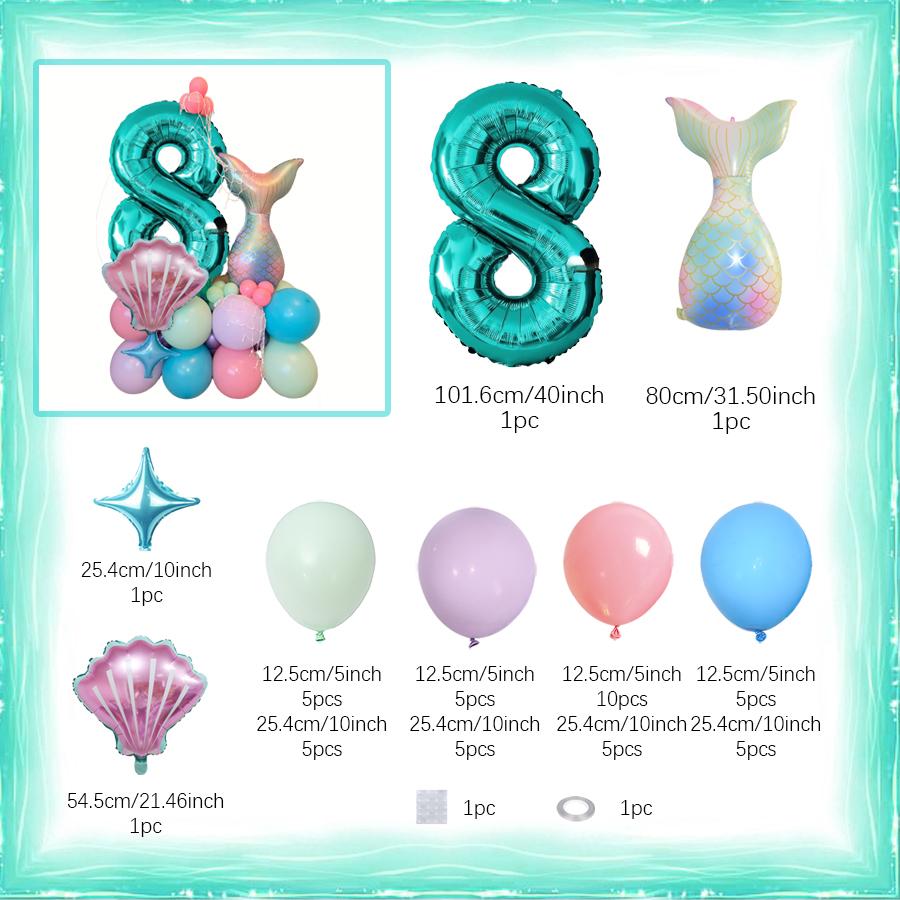 Mermaid Shell Themed Balloon Set with Numbers 1-9th Blue Purple Pink Latex Foil Balloons for Girl Princess Birthday Party Decor