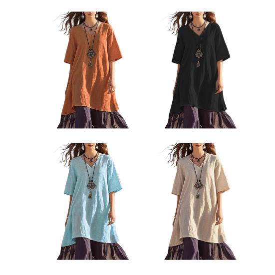 Damen Boho Patchwork Lockeres Kleid Lässiges V-Ausschnitt Kurzarm Swing Kleid Sommer Strandurlaub Sommerkleid