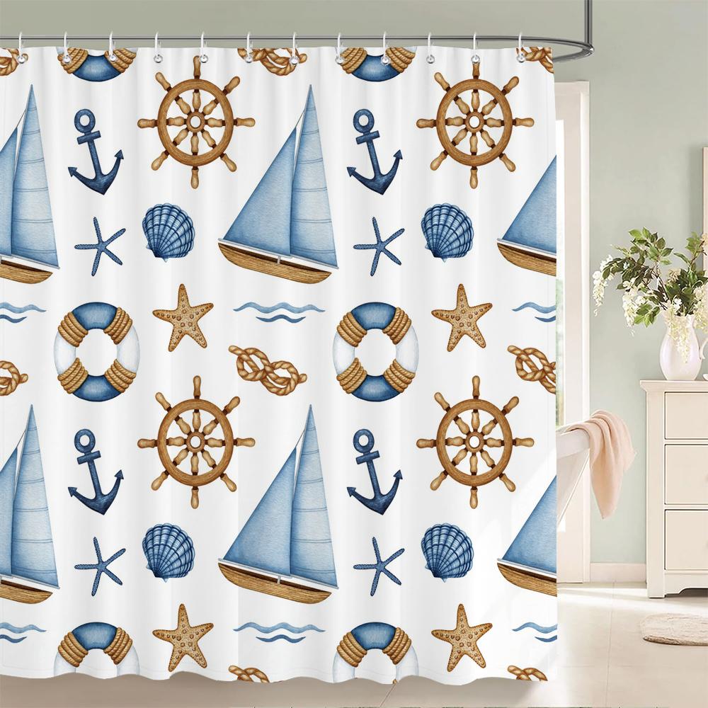 

1 Pc Cartoon Children S Navigation Pattern Polyester Shower Curtain Waterproof Fabric,Bathroom Decorative Curtain With Hooks W60H190(CM)-1 Pcs