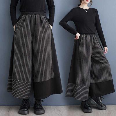 Spring and Autumn Fashion All-match Women Woolen Hong Kong Style Striped Stitching Wide-leg Elastic Waist Pants 45-85KG