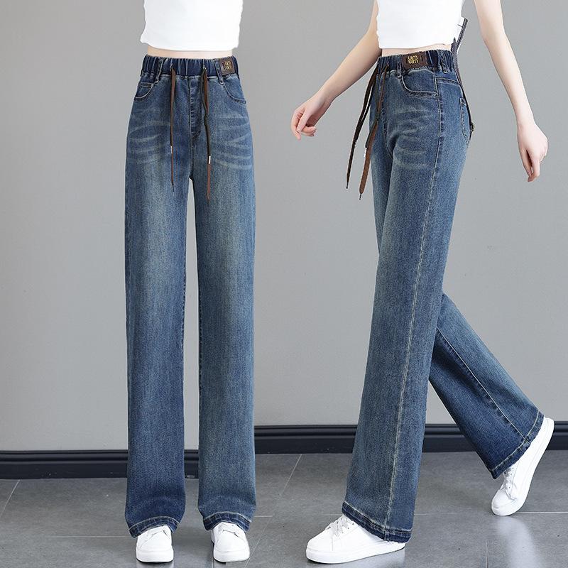 Women's High Waist Elastic Waist Wide Leg Jeans Loose Straight Leg Denim Pants Casual Japanese Korean Style Trousers