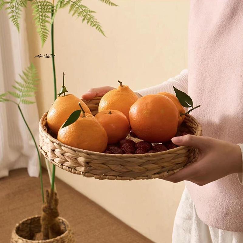 Handwoven Rattan Wicker Basket round Storage Box Water Hyacinth Tray - Fruit Tea Snack Bread Cosmetic Jewelry Dish