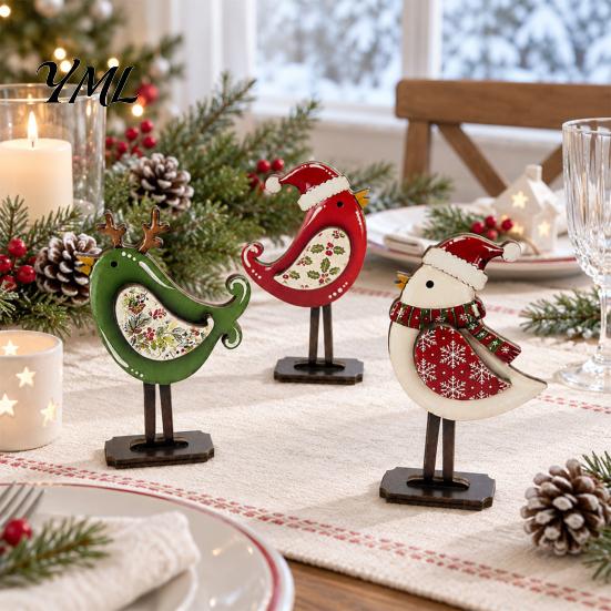 Winter Home Accents Christmas Bird Wooden Figurine with Santa Hat & Scarf, Cute Holiday Desk Ornaments Tabletop Decor, Festive Shelf Ornament