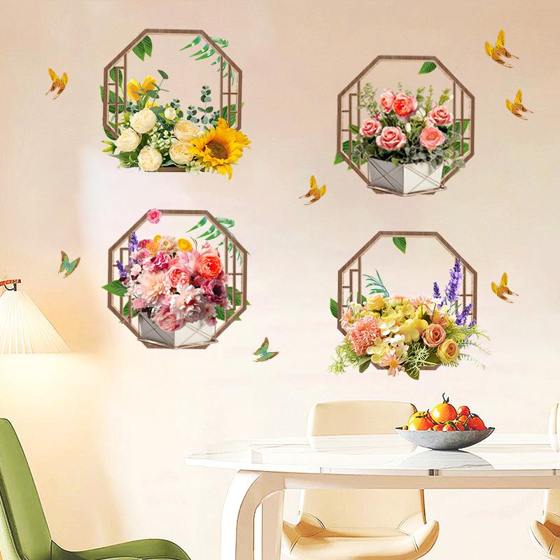 Sticker Mural Autocollant Imperméable Amovible avec Fleurs Simulées et Plantes Vertes pour Décoration Intérieure de Salon et Chambre