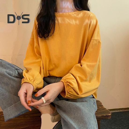Women T-shirt Round Neck Lantern Long Sleeve Elastic Cuffs Tee Shirt Solid Color Loose Fit Pullover Tops Daily Wear