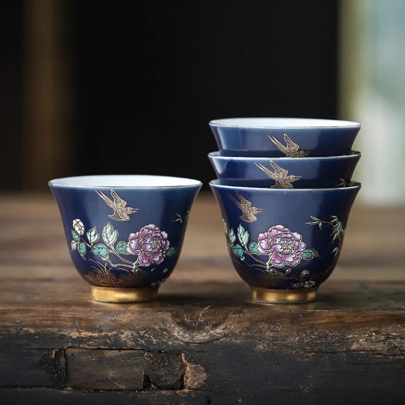 Ceramic Teacup Set Blue Gold Painted Master Cup Tea Table Accessories Kung Fu Tea Set Creative Hand-painted Teacups