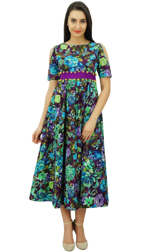 Bimba Women's Cotton Cold-Shoulder Long Dress With Pom Pom Chic Trendy