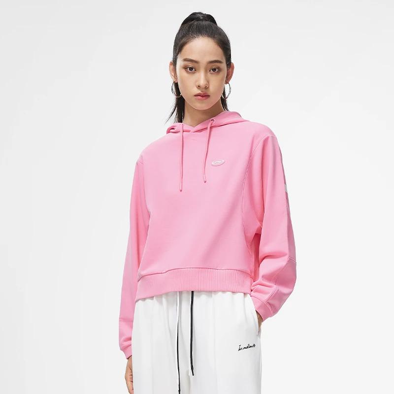 Li Ning Fitness Series Solid Color Pullover Hoodie Women hoodies Pink AWDT628-2