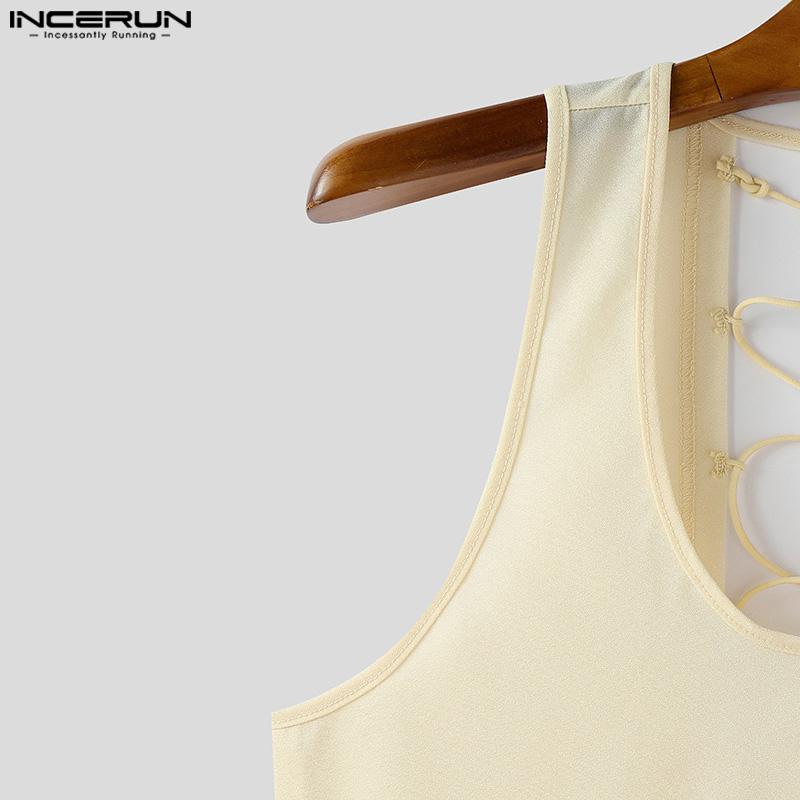 INCERUN Men U Neck Sleeveless Back Bandage Fitted Tank Tops