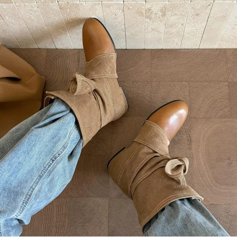 Western Cowboy Boots Autumn and Winter Round Head Lace-up Bow Medium Boots Sleeve Slim Short Boots Women